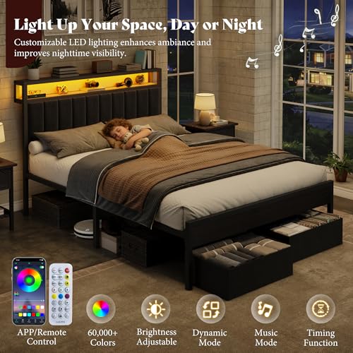 Image of AMERLIFE Full Bed Frame with LED Lights & 2-Tier Storage Headboard | Black, 2 Storage Drawers, Metal Platform Frame, Velvet Upholstery, Heavy-Duty Slats, No Box Spring, Easy Assembly