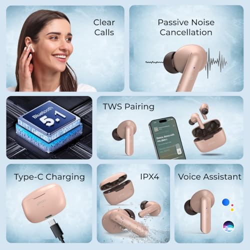 Image of pTron Basspods P81 in-Ear Wireless Earbuds, Pristine Sound, 32Hrs Playtime, Clear Calls TWS Earbuds, Bluetooth V5.1 Headphone, Type-C Fast Charging, Voice Assist & IPX4 Water Resistant (Brown)