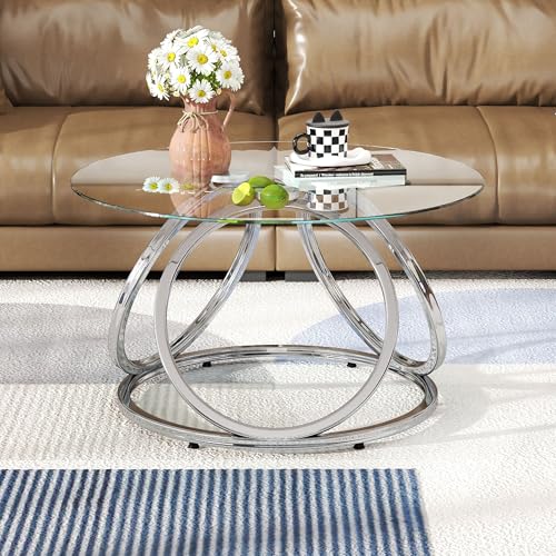 O&K FURNITURE Silver Coffee Table, Modern Glass Coffee Table Living Room Table with Ring-Shaped...