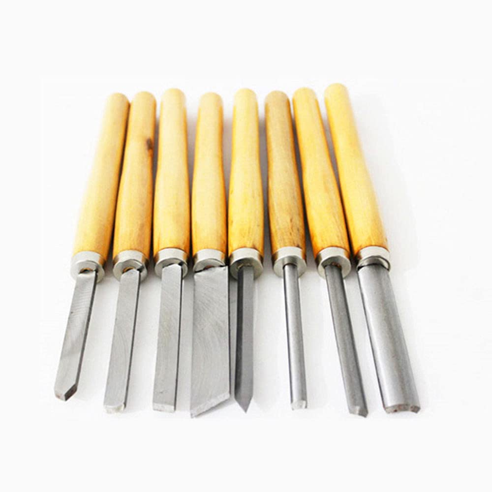 Set di 8 pezzi Set di scalpelli per tornio Mandrino obliquo in acciaio ad alta velocità Sgorbia a punta tonda Utensili per tornitura in legno con lama HSS Manici in legno duro, come mostrato