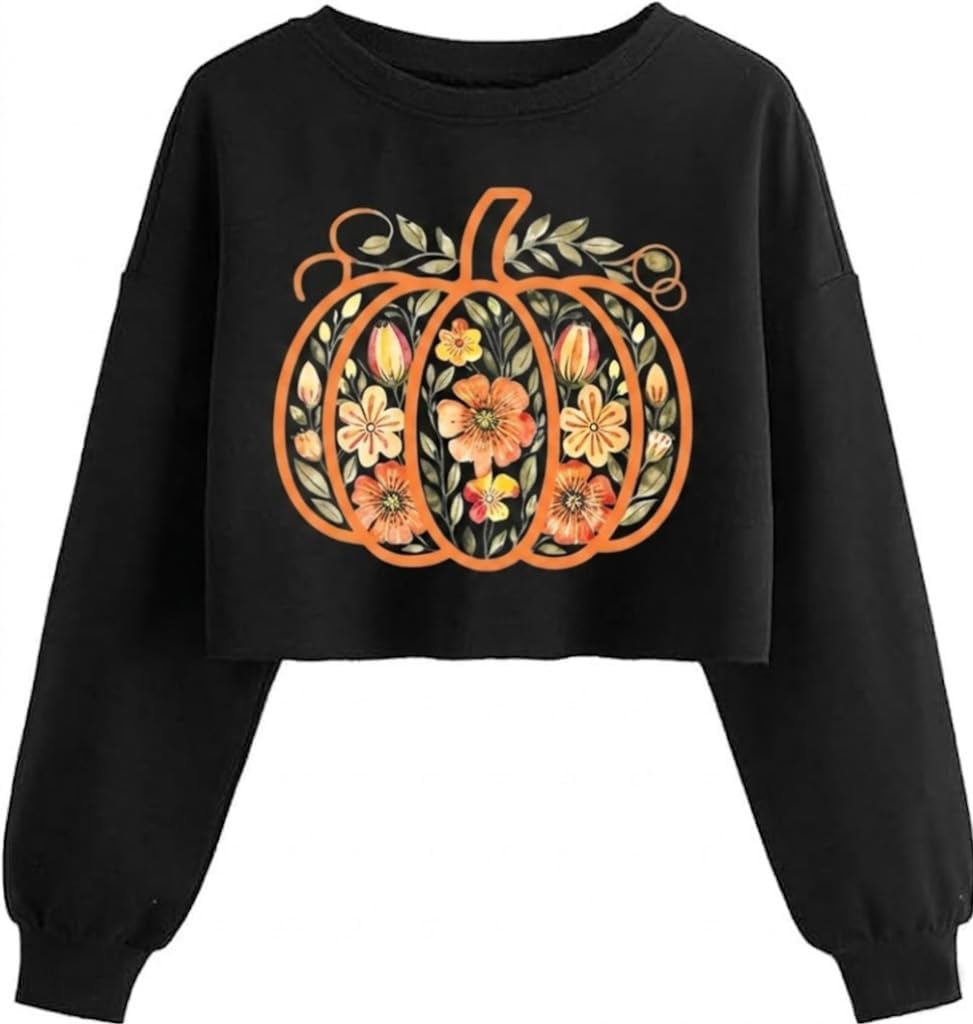 Womens Halloween Crop Sweatshirt Funny Fall Witch Spooky Pumpkin Graphic Pullover Long Sleeve Shirt
