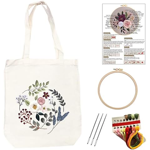BYVUTE Canvas Tote Bag Floral Embroidery Kit, with Pattern Hoop Color Threads and Tool for Beginners, Arts and DIY Crafts Kits for Adults Handmake Gift, White (White-G) Cover