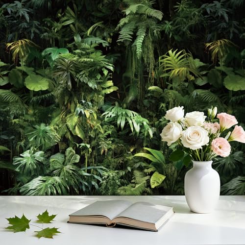 ICOOP Forest Wallpaper Green Peel and Stick Wallpaper Leaves Moody Plant Jungle Wall Paper Tropical Green Contact Paper for Living Room Bathroom Bedroom Rainforest Botanical Jungle Mural 17.5"x80"