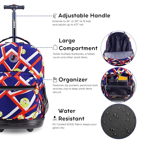 Image of J World Sunrise Kids Rolling Backpack with Wheels for Girls Boys, Roller Bookbag for School, 18 x 13 x 9 Inches, Tennisy