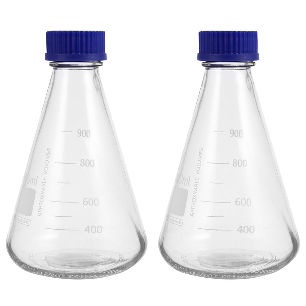 Hemobllo Laboratory Conical Flasks 2-Pack 1000Ml Glass Erlenmeyer Flasks with Graduated Measurement for Chemistry Experiments and Scientific Research