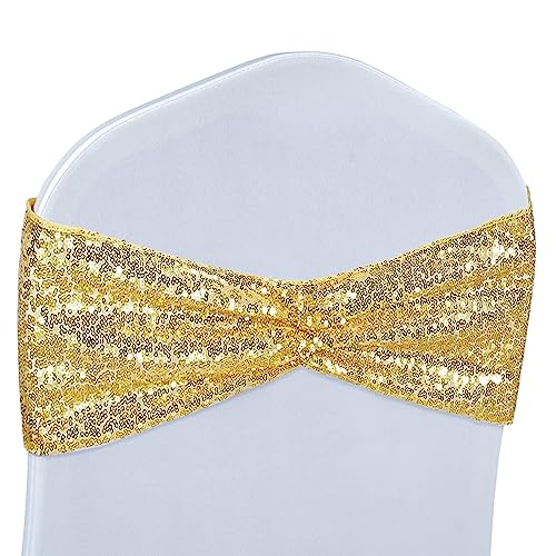 Poise3EHome Set of 50 Stretch Sequin Chair Sashes Bands Gold One-Sided Sequins Decorative Bows for Wedding Party Event Chair Covers