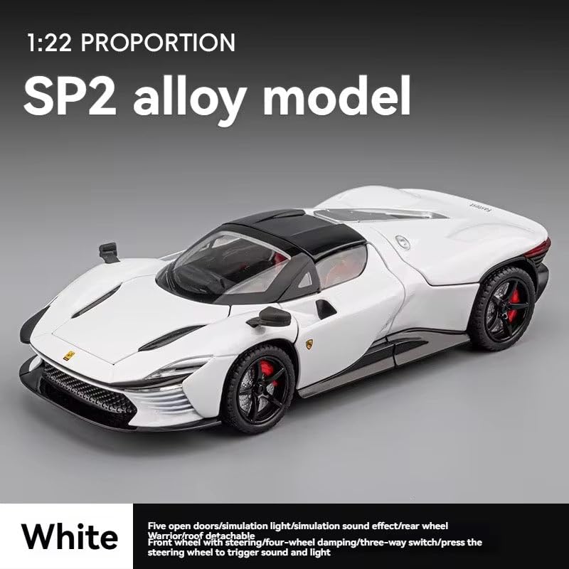Image of Invite 1:22 Ferrari Daytona SP3 Diecast Model Car with Light & Sound, Openable Doors, Hood & Trunk, Removable Roof, Alloy Metal Sports Car Toy for Kids, Collectors - White