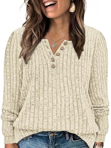 ROSRISS Womens-Plus-Size-Tops Trendy Long Sleeve Henley Shirts Casual Ribbed Knit Tunics Dressy Crewneck Pullover Sweaters