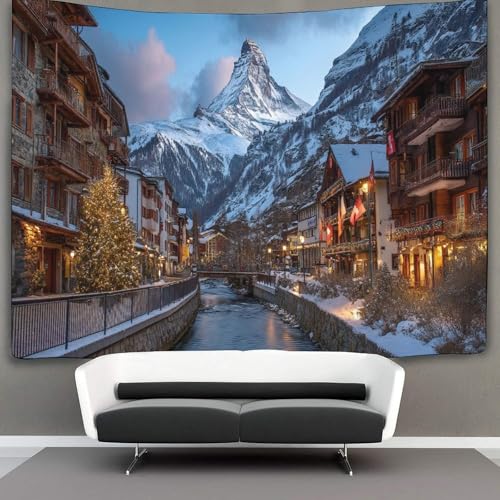 kaiyun Case tradizionali di Zermatt, Cervino Arazzo Da Parete,Tapestry Wall 3D Stampa,Utilizzato in Camera Da Letto,Soggiorno,Copriletto,Decorazione Murale 100cmx150cm