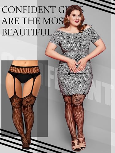 Image of Jadive 6 Pairs Women Plus Size Suspender Tights Fishnet Thigh High Stockings Garter Belt Lingerie Pantyhose