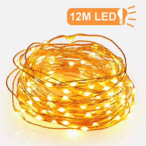 Sunnest - Cadena de luces LED de 12 m, 120 luces USB, resistente al agua, con interruptor y puerto USB, larga cadena de luces para interior y exterior, bricolaje, luz blanca cálida