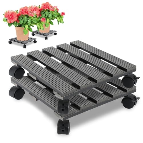 Monucep 2X WPC Pflanzenroller 30x30CM, Blumenroller Tragkraft 80 KG mit Rollen, Kübelroller für den Innen- und Außenbereich, Rollbrett für Pflanzen, Grau