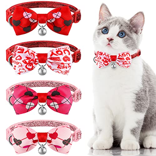 4 Pack Valentines Cat Collar with Bow Tie and Bell Puppy Collar Cat Bow Tie Kitty Collars Holiday Cat Collars Tiny Dog…