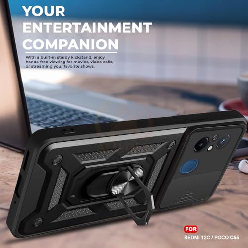 Image of Armor Bumper Back Cover Case for Redmi 12C / Poco C55 Rotating Camera Cover, Ring Holder & Kickstand | Heavy Duty & 360 Degree Protection Redmi 12C / Poco C55 Back Cover (Black)