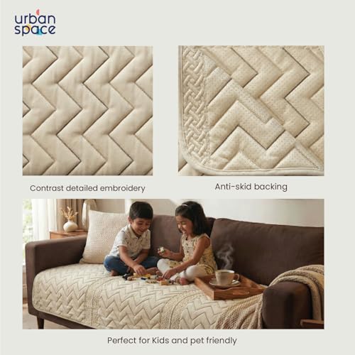 Image of Urban Space Velvet Embroidery Quilted Sofa Cover mat, Premium 1 Seater Non-Slip Sofa slipcover, Easy Care & Machine Washable, Seat Runner for Couch for Living Space (1 Seater - Zig zag - Beige)
