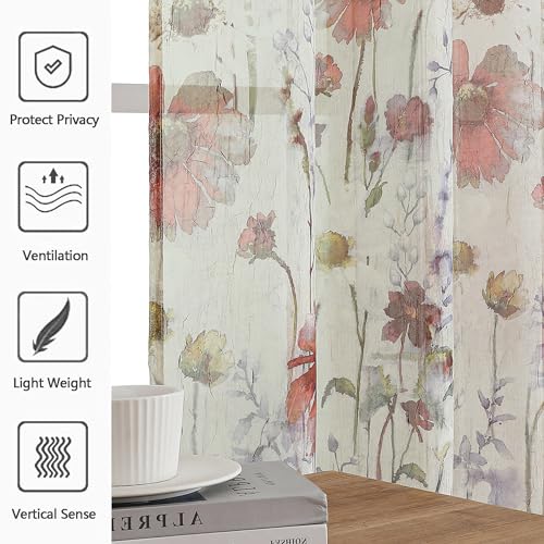 Image of OWENIE Crushed Kitchen Window Curtains 45 Inches Length 2 Panels, Elegant Farmhouse Printed Short Semi Sheer Curtains for Cafe Bathroom Bedroom, Light Filtering Rod Pocket Curtain, 42Wx45L inch