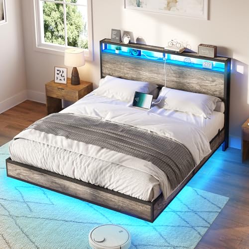 AMERLIFE Floating Bed Frame with Storage Headboard, Charging Station & LED Lights, Rustic Grey