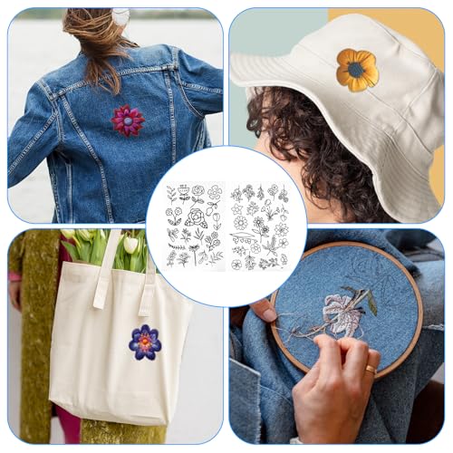 Image of 2 Sheets 39 PCS Water Soluble Embroidery Patterns, Stick and Stitch Embroidery Designs, Stick and Stitch Stencil Hand Stitching for Sewing Enthusiasts and Beginners, Large Flowers and Leaves