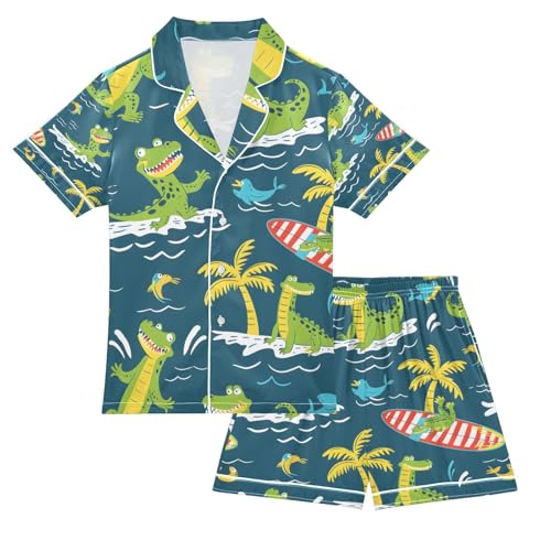 senya Crocodile Surfer Satin Summer Pajama Sets Silk Short Sleeve Button Down Sleepwear