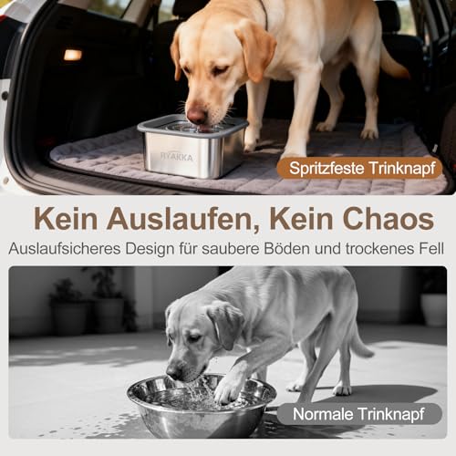 RYAKKA 3L Wassernapf Hund Ohne Sabbern, 304-Edelstahl Trinknapf Hund Anti Schlabber mit Rutschfester Basis, Auslaufsicherer Hundenapf mit Silikonrand und Schwimmende Scheibe, Spülmaschinenfest