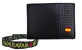 TORO SURVIVAL Pack Cartera De Piel 10 × 7,5 Cm con Doble Billetero 7 Tarjetas Y 2 Ventanas para Carnet O Fotos + Pulsera De Tela Soy Cazador (Negro)