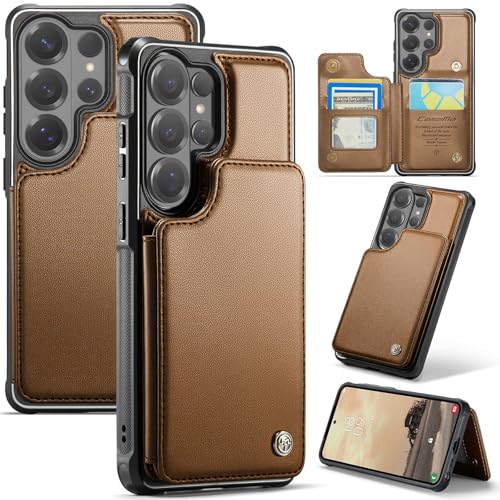 XIMAND Wallet Cover with Kickstand, RFID Blocking for S26 Ultra Case, Multi-Card Slots, Camera & Screen Protection - Premium PU Leather, Brown