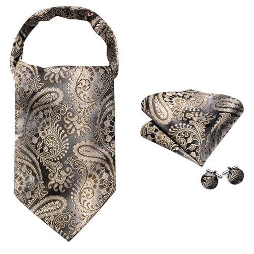Image of Barry.Wang Ascot Ties Cravat Tie Men Paisley Plaid Scarf Self Tie Pocket Square Cufflinks Set Wedding Party