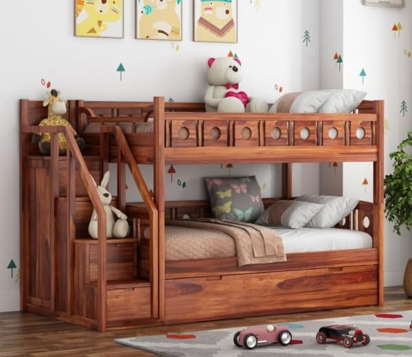 CHETAK FURNITURE Sheesham Wood Bunk Bed with 1 Drawer and 1 Door Storage Twin Over Bed with Ladder for Bedroom and Living Room (Honey Finish)