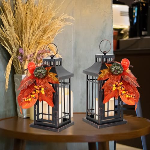 DECORKEY Set of 2 Fall LED Candle Lantern Decorative Indoor & Outdoor, 11' Fall Hanging Lanterns with LED Candles, Metal Outdoor Lanterns for Patio Front Porch Table Fall Christmas Spring