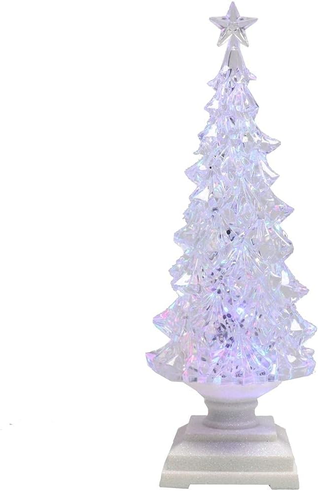 Roman, 12.5" H Lighted Swirl Christmas Tree with White Square Base, Confetti Lite Holiday Decoration, USB Powered Tabletop Tree with Swirling Glitter and LED Lights