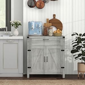 Homcom sideboard buffet cabinet with storage drawer modern farmhouse kitchen cabinet with 2 barn doors coffee bar cabinet gray  urban country home decor