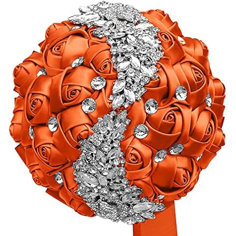 Jellybro Wedding Bouquets for Bride Handmade Bridesmaid Brooch Tossing Bouquet Artificial Rose Flower for Wedding Ceremony Anniversary(Orange,24cm) Cover