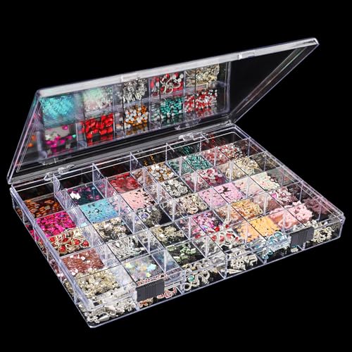 Image of Noverlife 36 Grids Clear Plastic Jewelry Organizer Box, Nail Charm Holder Double Buckle Bead Organizer Storage Container Box, Empty Nail Box Organizer Earring Display Case Acrylic Bead Box for Women