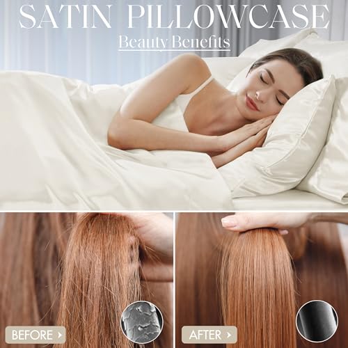 Image of Madison Park Essentials Set of 2 Satin Pillowcase for Hair & Skin, Luxuriously Soft, Silky with Natural Sheen Luster, Cool to Touch, Wrinkle-Free, Machine Washable, King Ivory 2 Piece | Pillowcase Cover for Hair & Skin, Luxuriously Soft, Natural Sheen Luster, Cool to Touch, Wrinkle-Free, Machine Washable