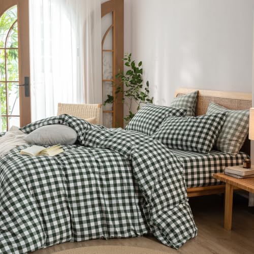 Image of BESTOUCH Gingham Cotton Duvet Cover Set Green Super King | Washed Cotton, Linen Feel, Soft Wrinkle Texture, Hidden Zipper, 8 Ties, Breathable Lightweight Durable Comfy, 3 Pcs No Insert