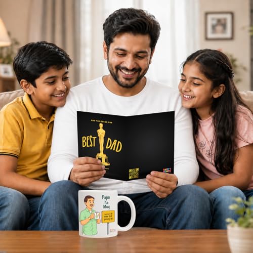 Image of Party Propz Happy Fathers Day Mug and Greeting Card Kit - 2 Pcs Coffee Mug for Dad with Best Dad Oscar Card, Papa ka Mug, Best Dad Gifts, Fathers Day Gift, Gifts for Papa (Cardstock, Ceramic)