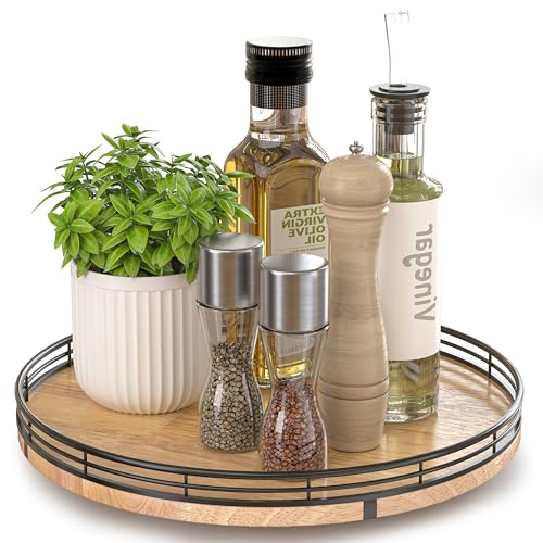 Image of 12 inch Lazy Susan Oak Wood Turntable Organizer for Cabinet, Farmhouse Round Wooden Lazy Susan Organization and Storage for Dining Table, Pantry, Kitchen, Bathroom, Countertop, Cupboard, Home Decor