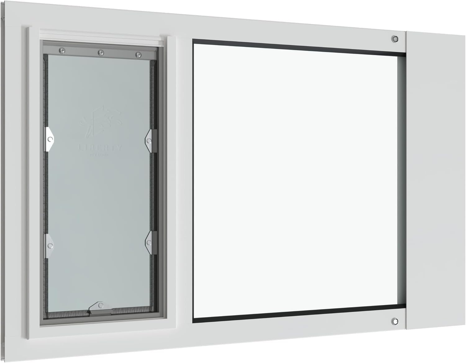 Liberty Pet Door Panel for Sash Windows | Durable Aluminum Frame with Closing Cover | Energy Efficient Safety Glass | White, Medium Flap, 32" - 33.5"