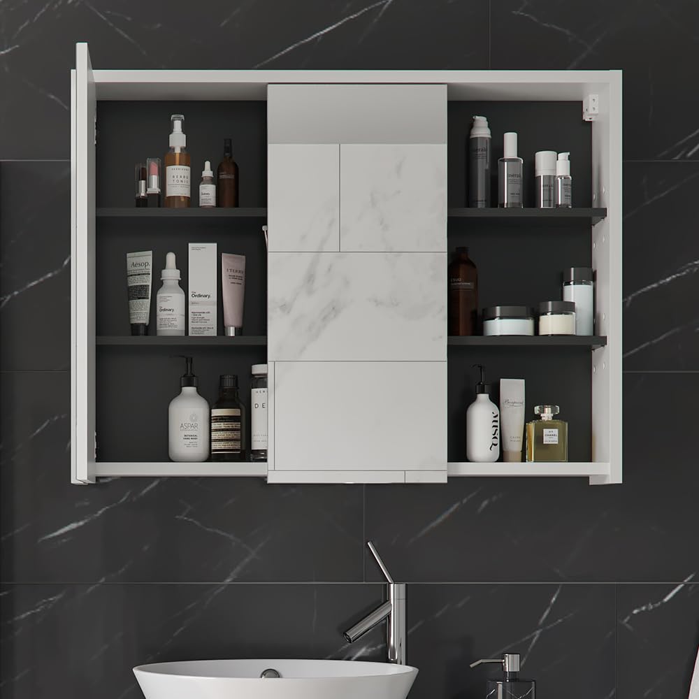 Vicco Specchio contenitore bagno Viola, Bianco/antracite, 100 x 75 cm, per montaggio a parete con ripiani aperti