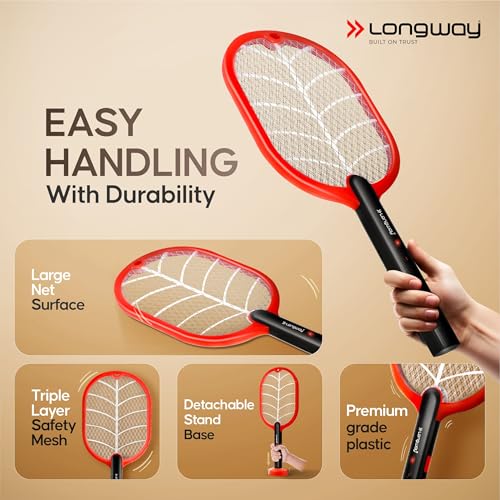 Image of Longway Swatt 2 in 1 UV Light Rechargeable Mosquito Killer Racket with Base Stand | 3500V DC Voltage on The Net Mesh | USB Type-C Charging | 1 Month Stand by 1200mah Long Lasting Battery (Black)