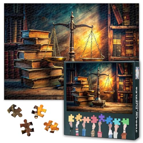 1000-Piece Jigsaw Puzzle for Adults - Antique Scales and Stacked Books Painting Challenging Wisdom, and the Weight of Knowledge Puzzles for Home Bedroom Decor 19.7"x27.6"