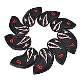 COOLSKY 9PCS Golf Iron Head Cover Shark Cartoon Animal Design Pattern Thick Synthetic Leather Iron Headcover Black Set