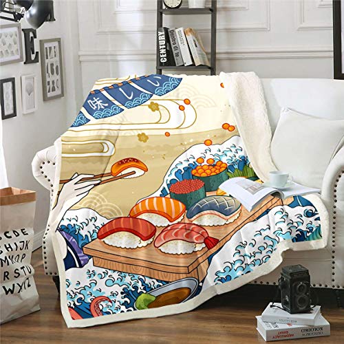 Coperta in pile sherpa con motivo di sushi, in giapponese, con motivo a cartone animato, per sushi, coperta in pile per cucina giapponese, matrimoniale