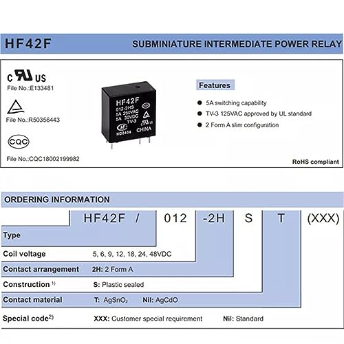 Relais HF42F-012-2HS 12V 5A avec 6 broches pour commutation stable 250VAC - 6