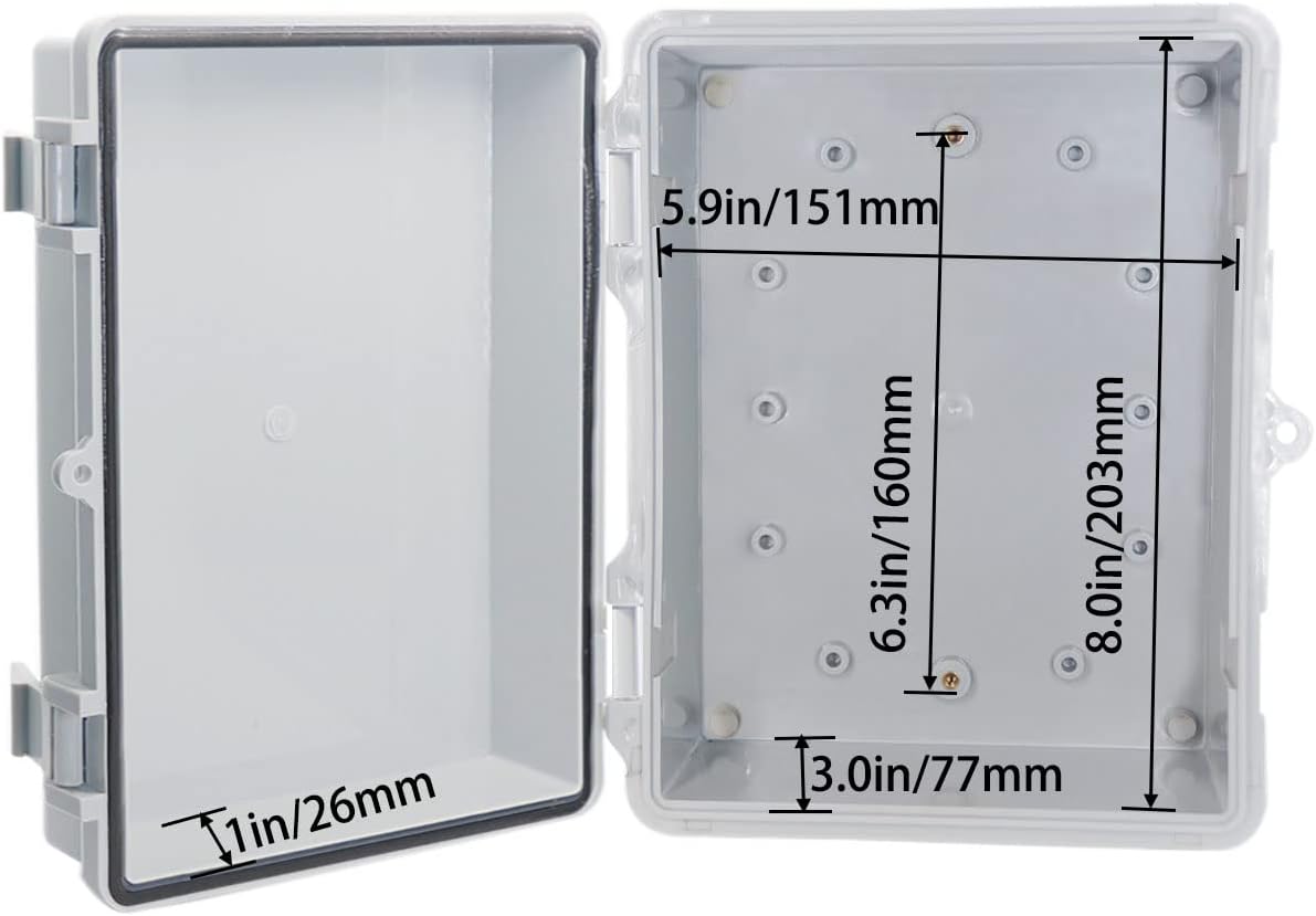 Waterproof Outdoor Electrical Box Junction Box Weatherproof IP67 ABS Plastic Enclosure Switch Router Project Box with Mounting Plate with Wall Bracket 2 Cable Glands Grey 8"x6"x4.3"
