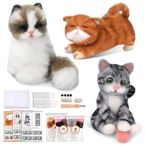 Image of Mayboos Needle Felting Kit, 3 PCS Cat Animal Needle Felting Beginner Kits Wool Felt Needle Felting Tools with Instruction for DIY Craft Animal Home Decoration