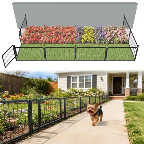 Image of FXW Garden Fence Outdoor for the Yard - 17in(H) x 19.6ft(L) Heavy Duty Metal Animal Barrier for Dog, No Dig Decorative Dog Fence, 8 Panels, Black