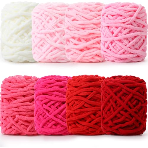 Image of Buryeah 8 Pack Chunky Chenille Yarn for Crocheting Soft Thick Fluffy Yarn for Hand Knitting Bulky Velvet Blanket Plush for Weaving DIY Crafts Each 3.5 oz 55 Yards (Pink Series)