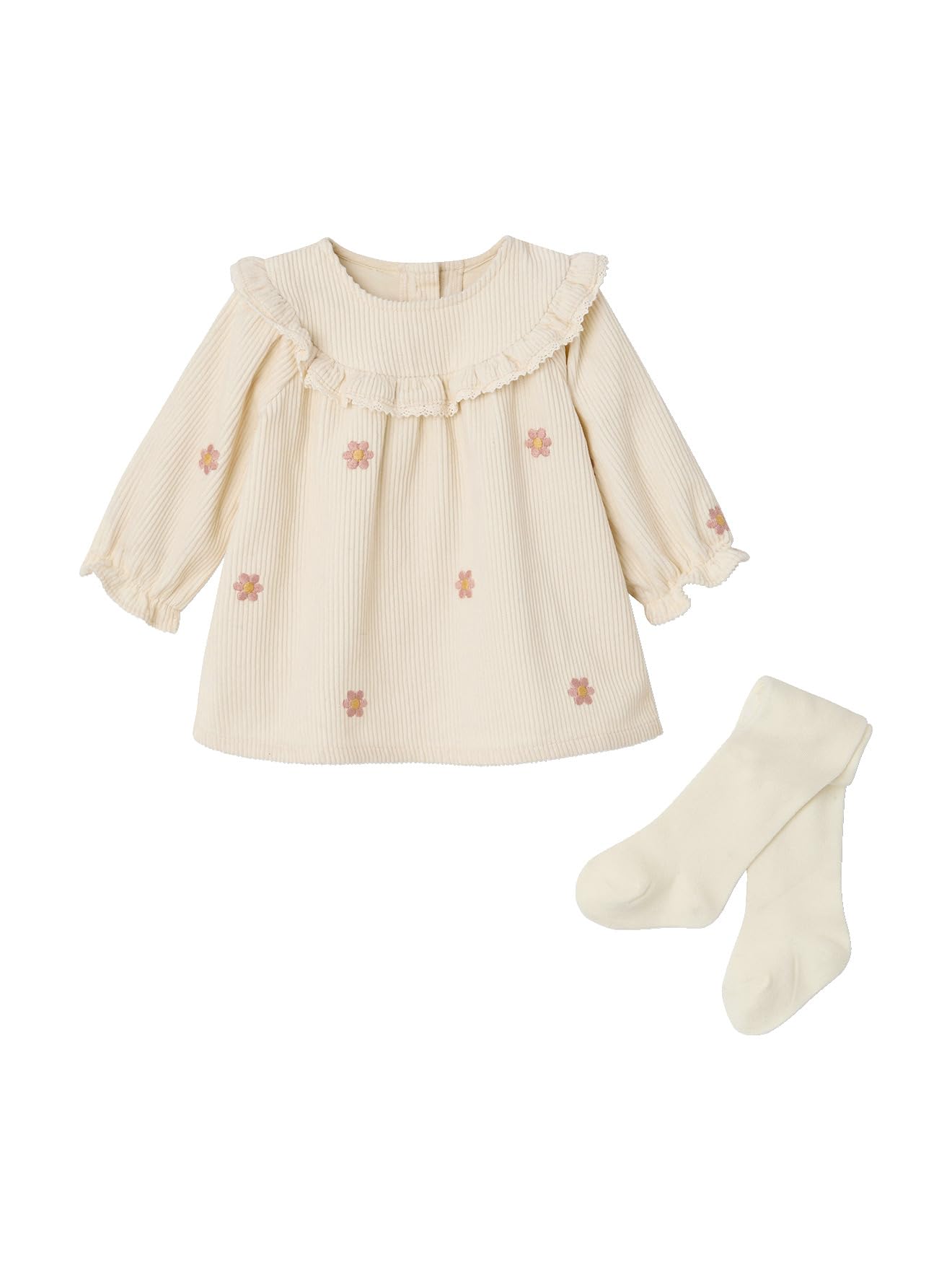 Vertbaudet Baby-Set aus Cord-Kleid mit Blumenstickerei und Strumpfhose