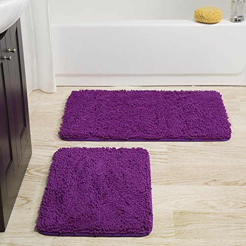 Lavish Home Bathroom Rugs - 2-Piece Memory Foam Bathroom Set with Chenille Shag Top and Non-Slip Base - Machine Washable Bath Rugs (Purple)